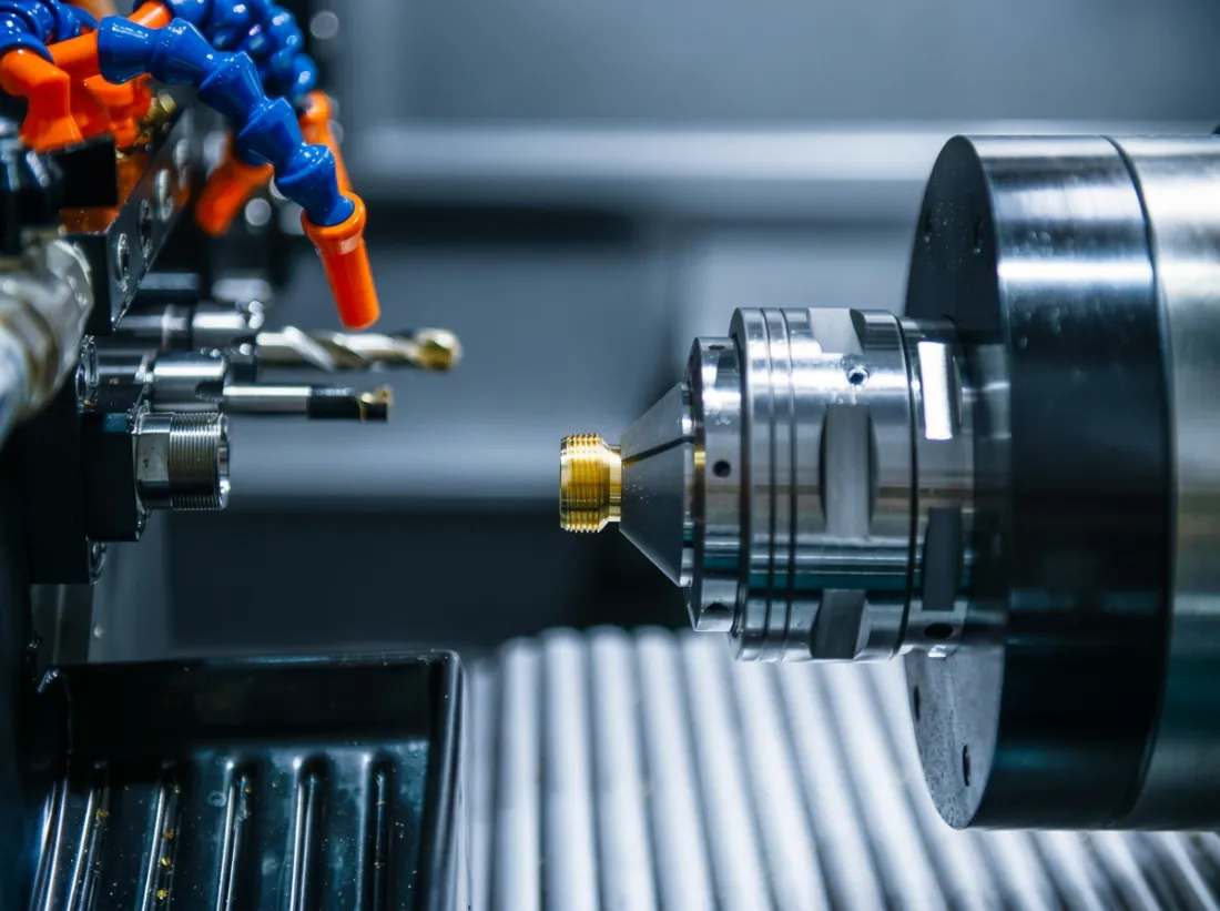CNC lathe turning a brass part at Divine Precision