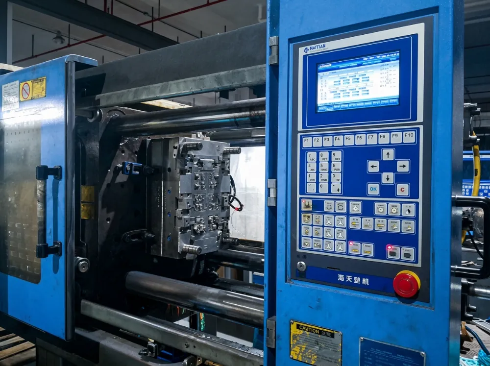 Injection moulding machine with production tool